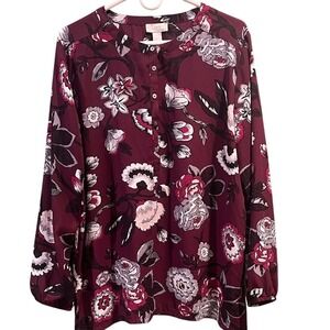 Loft Womens XL Floral Button Front Blouse Burgundy Long Sleeve Band Collar